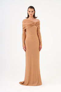 Stone Fabric Asymmetric Collar Detailed Long Sleeve Long Evening Dress