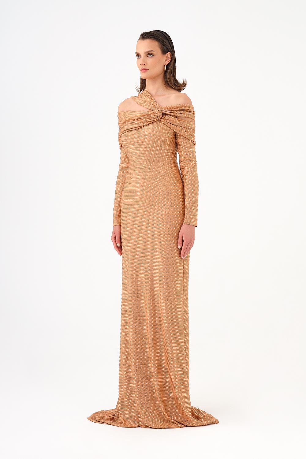 Stone Fabric Asymmetric Collar Detailed Long Sleeve Long Evening Dress