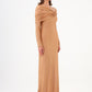 Stone Fabric Asymmetric Collar Detailed Long Sleeve Long Evening Dress