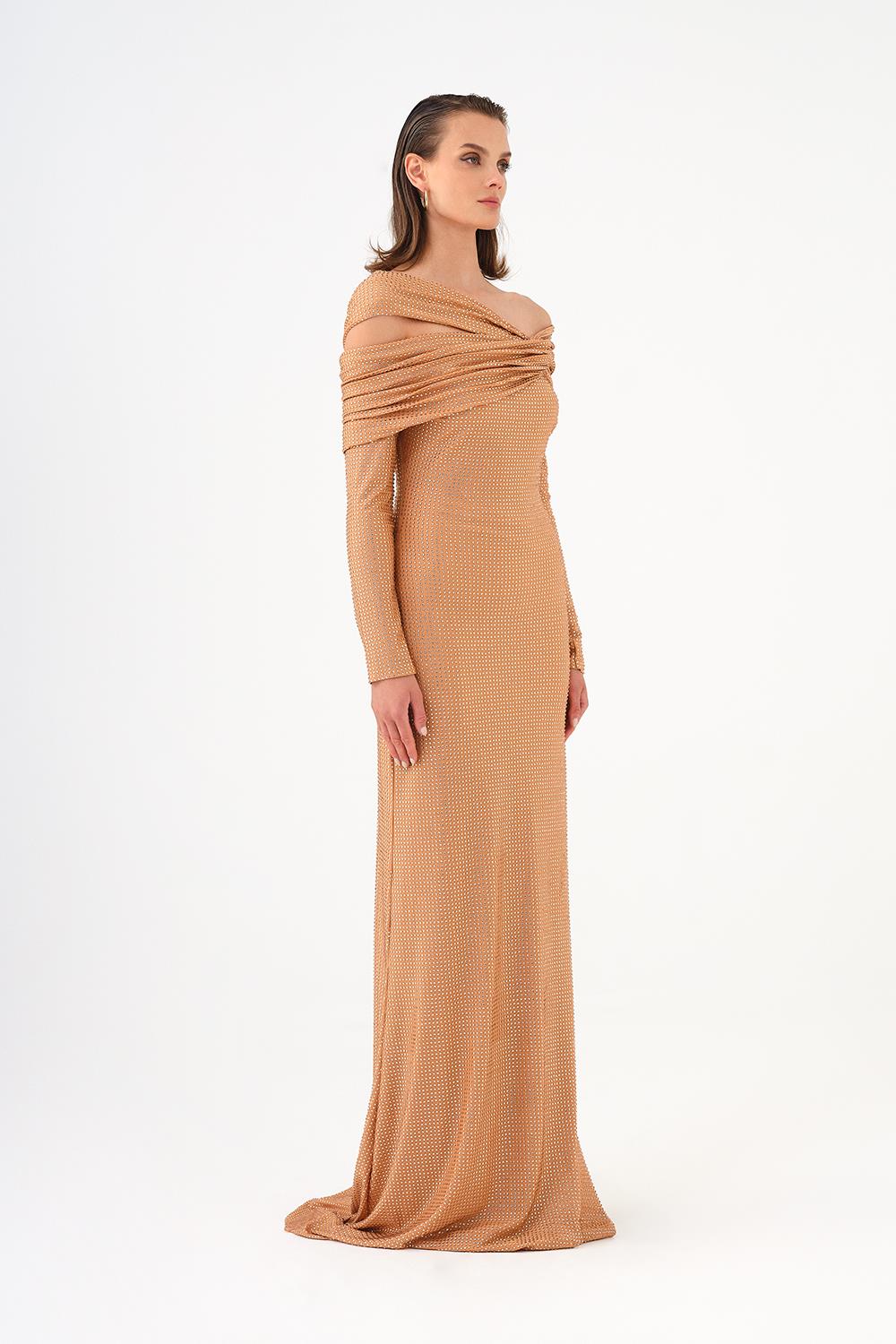 Stone Fabric Asymmetric Collar Detailed Long Sleeve Long Evening Dress