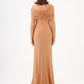 Stone Fabric Asymmetric Collar Detailed Long Sleeve Long Evening Dress