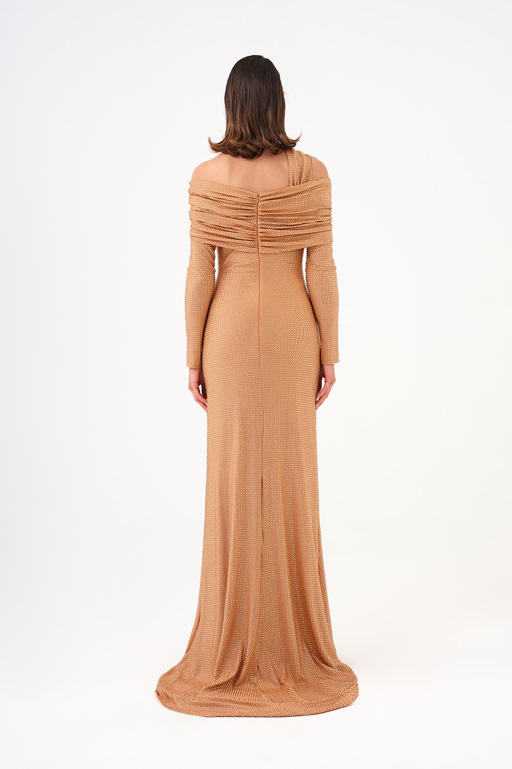 Stone Fabric Asymmetric Collar Detailed Long Sleeve Long Evening Dress