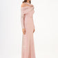 Stone Fabric Asymmetric Collar Detailed Long Sleeve Long Evening Dress