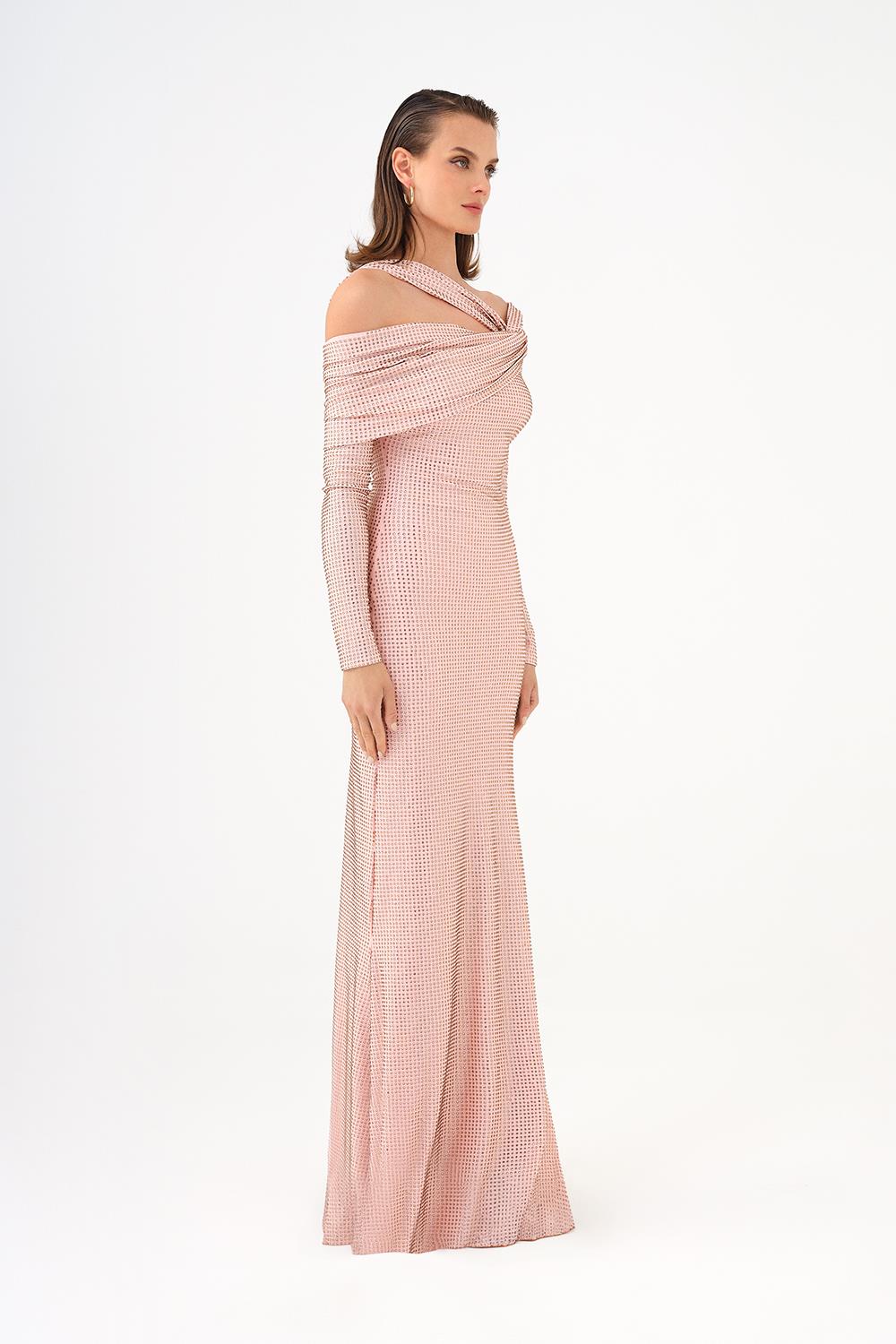 Stone Fabric Asymmetric Collar Detailed Long Sleeve Long Evening Dress