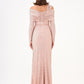 Stone Fabric Asymmetric Collar Detailed Long Sleeve Long Evening Dress