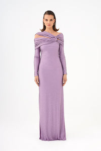 Stone Fabric Asymmetric Collar Detailed Long Sleeve Long Evening Dress