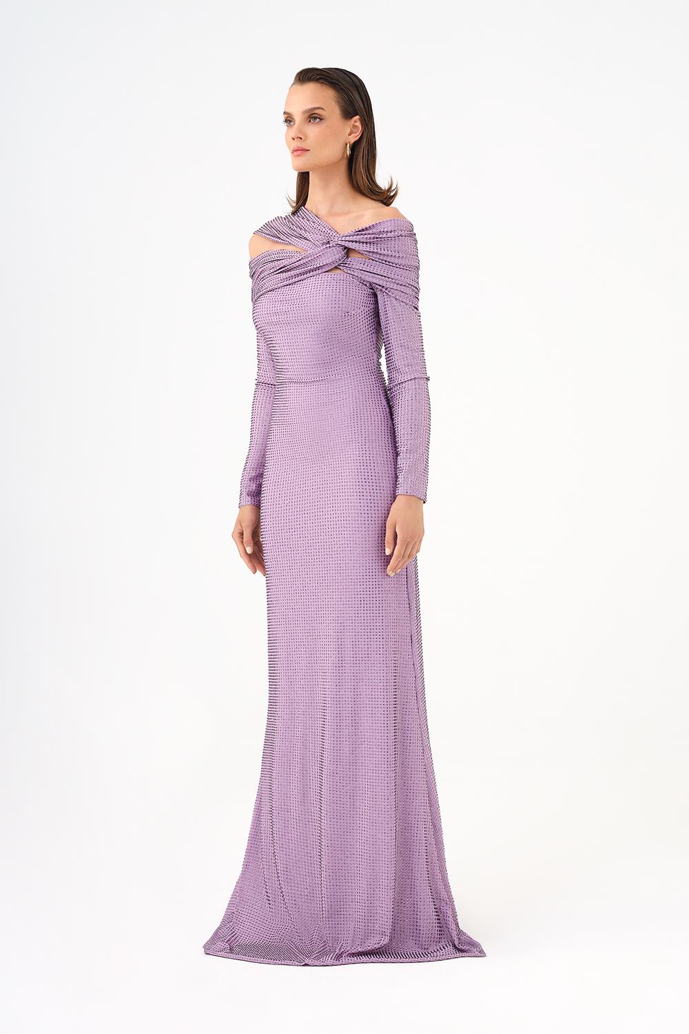 Stone Fabric Asymmetric Collar Detailed Long Sleeve Long Evening Dress