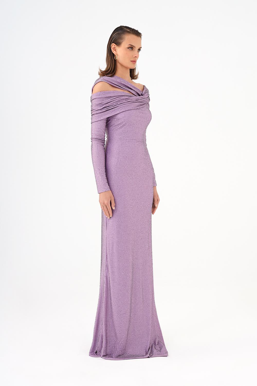 Stone Fabric Asymmetric Collar Detailed Long Sleeve Long Evening Dress