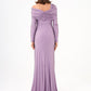 Stone Fabric Asymmetric Collar Detailed Long Sleeve Long Evening Dress