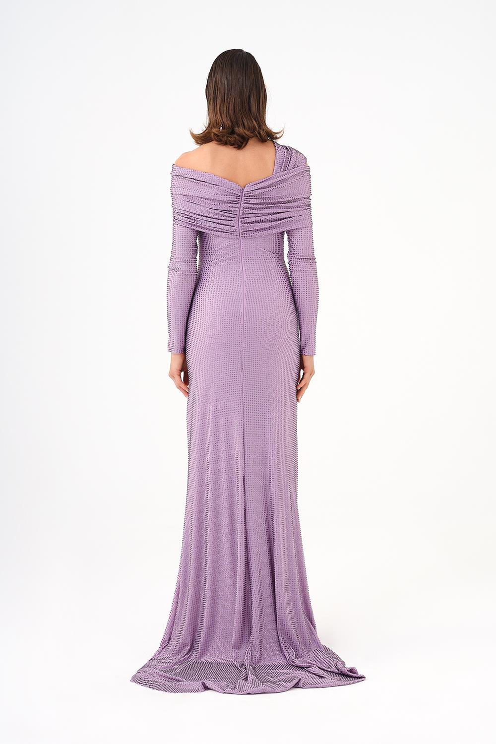 Stone Fabric Asymmetric Collar Detailed Long Sleeve Long Evening Dress