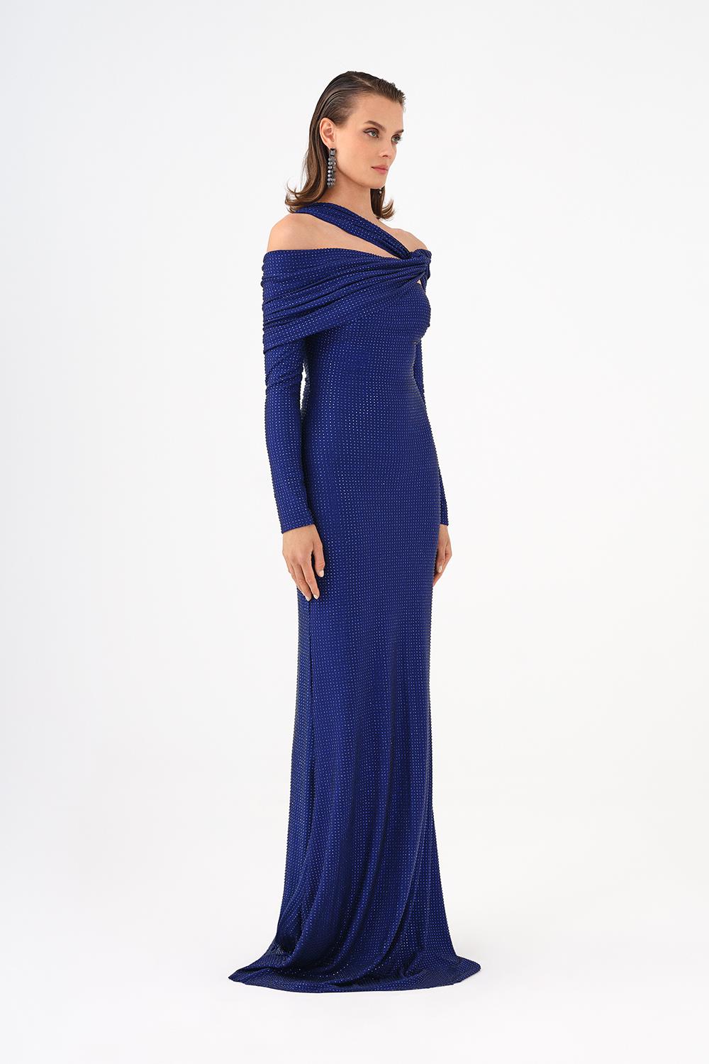 Stone Fabric Asymmetric Collar Detailed Long Sleeve Long Evening Dress