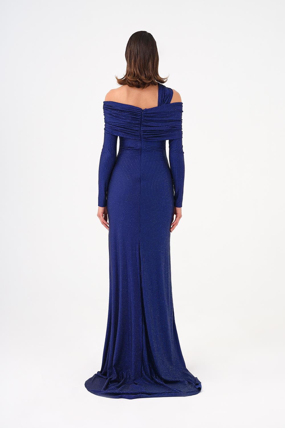 Stone Fabric Asymmetric Collar Detailed Long Sleeve Long Evening Dress