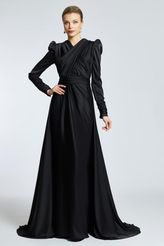 Straight Shoulder Cross Cut Detailed Long Evening Dress - 2100