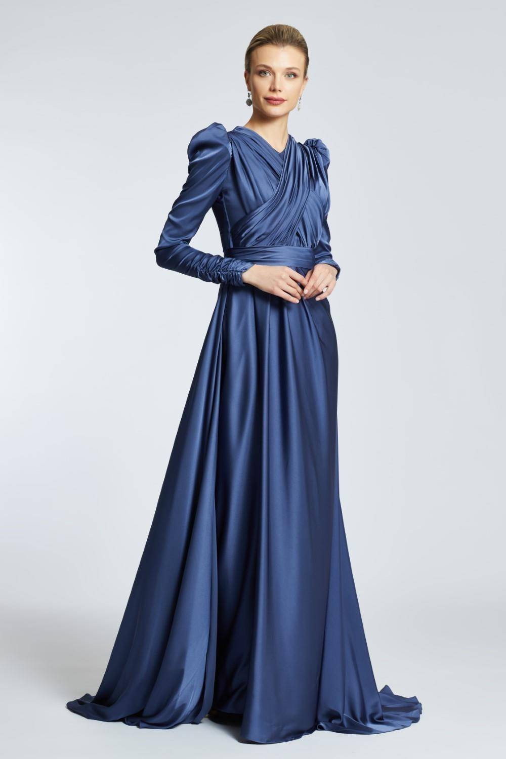 Straight Shoulder Cross Cut Detailed Long Evening Dress