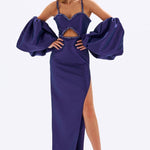 Strappy Embroidered Balloon Sleeves Long Evening Dress
