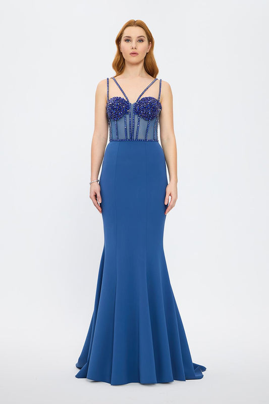 Strapless Bustier Detailed Crepe Evening Dress - 3026C