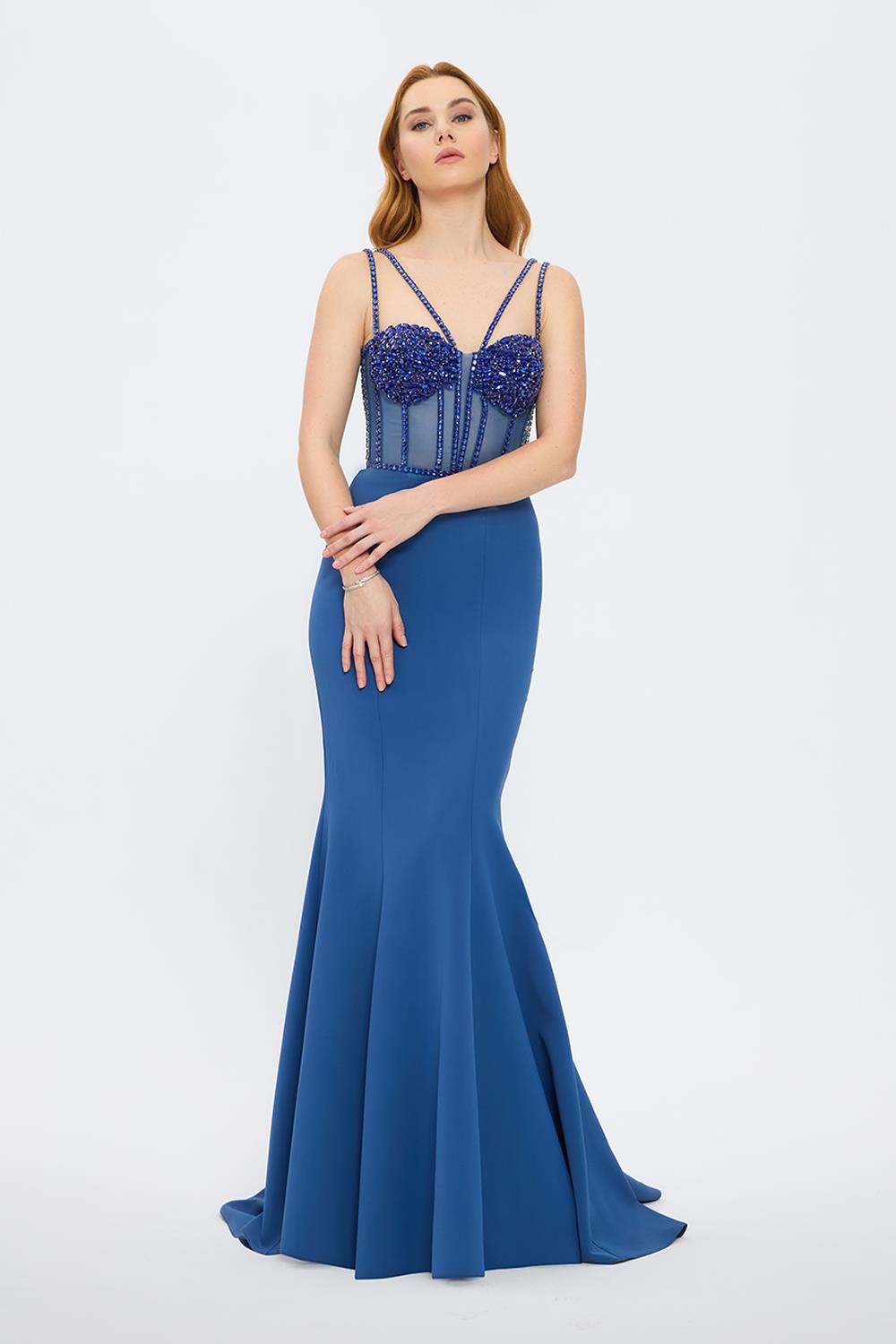 Strapless Bustier Detailed Crepe Evening Dress