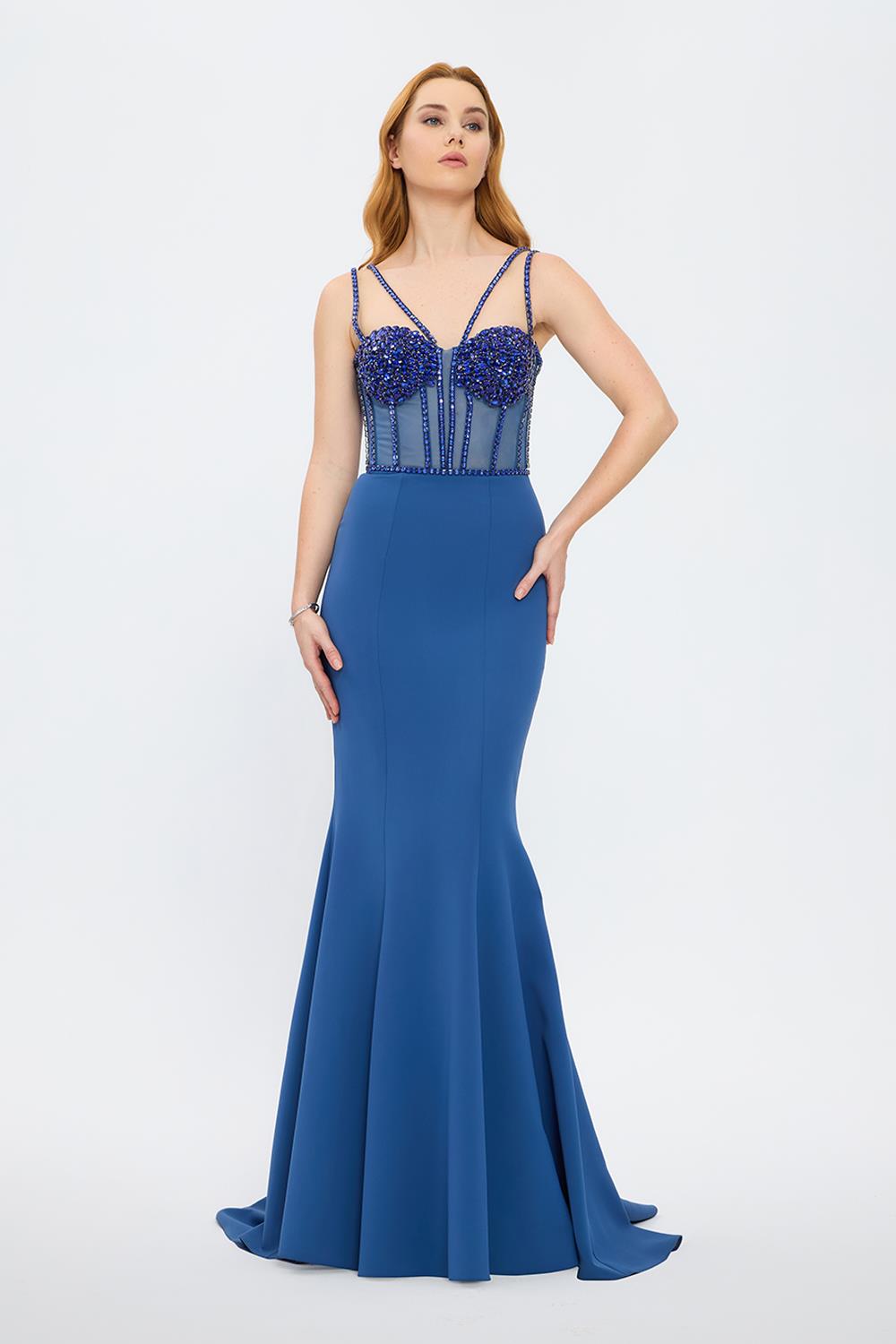 Strapless Bustier Detailed Crepe Evening Dress