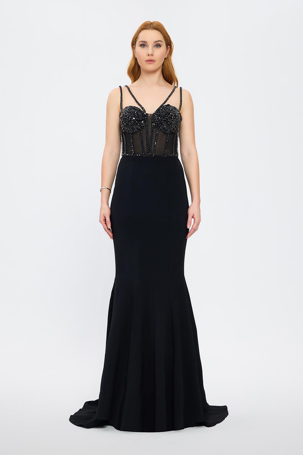 Strapless Bustier Detailed Crepe Evening Dress