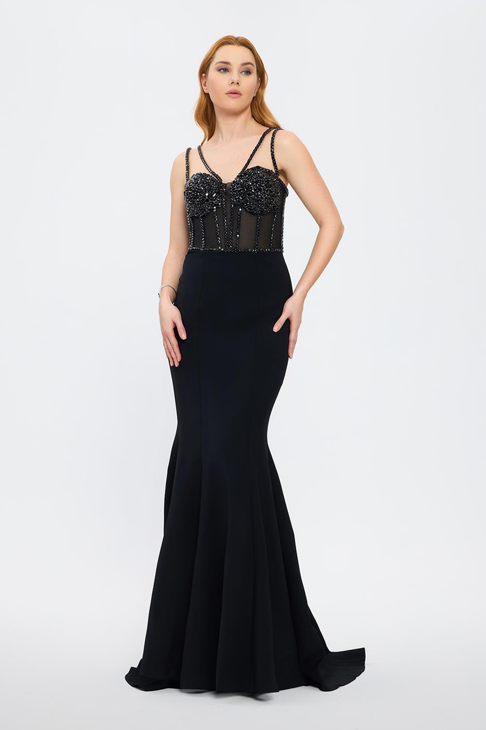 Strapless Bustier Detailed Crepe Evening Dress