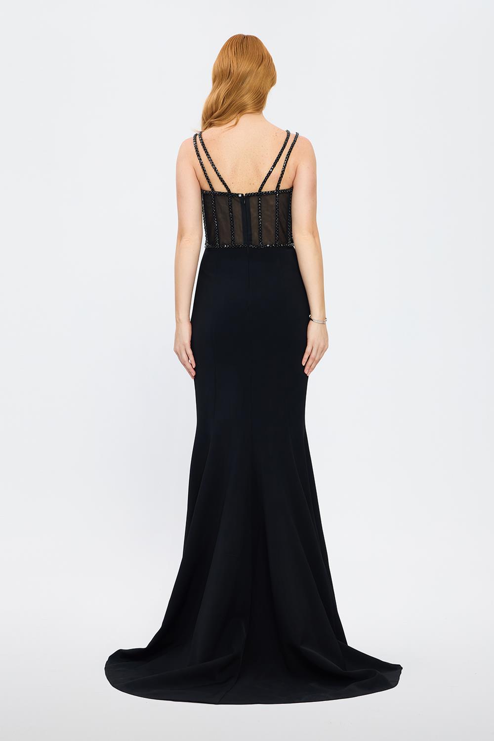 Strapless Bustier Detailed Crepe Evening Dress