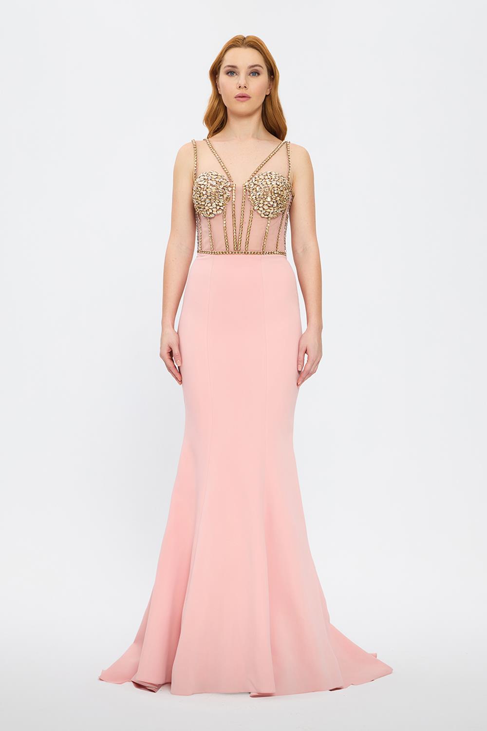 Strapless Bustier Detailed Crepe Evening Dress