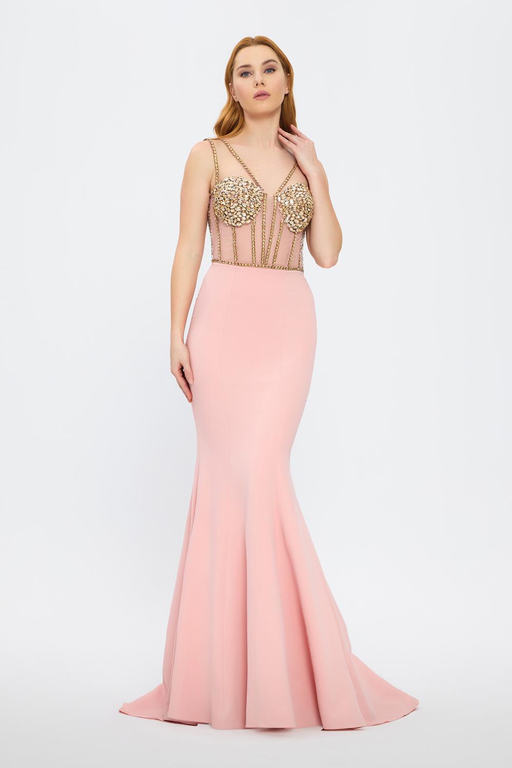 Strapless Bustier Detailed Crepe Evening Dress