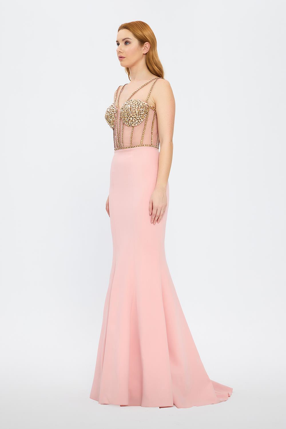 Strapless Bustier Detailed Crepe Evening Dress