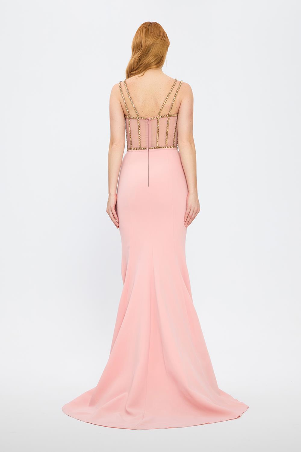 Strapless Bustier Detailed Crepe Evening Dress