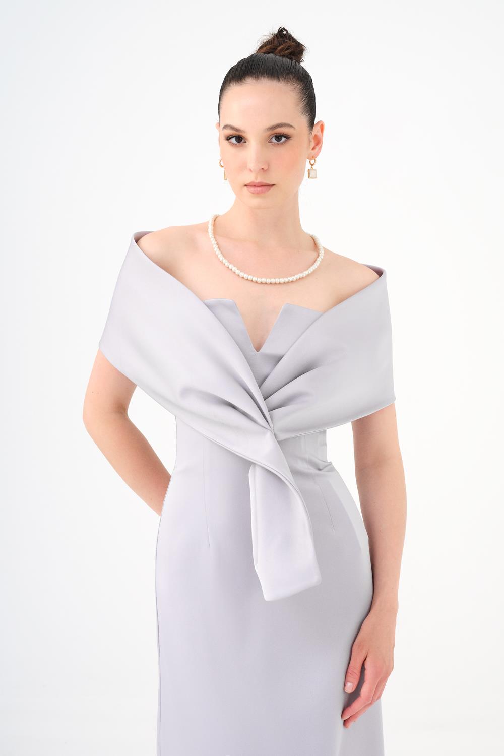 Shawl Strapless Collar Satin Long Evening Dress