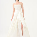 Strapless Collar Stone Detailed Taffeta Long Evening Dress