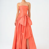 Strapless Collar Taffeta Long Evening Dress with Bow Detail - 9173C