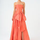 Strapless Collar Taffeta Long Evening Dress with Bow Detail