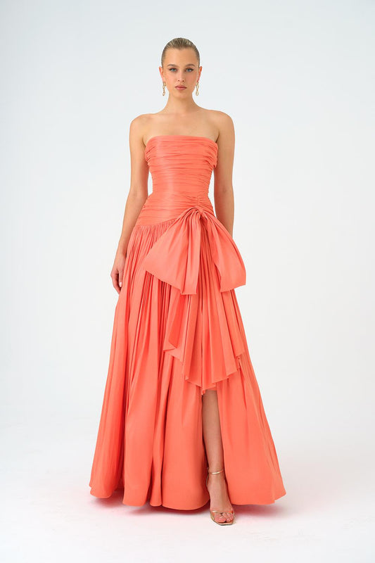 Strapless Collar Taffeta Long Evening Dress with Bow Detail - 9173C