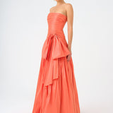 Strapless Collar Taffeta Long Evening Dress with Bow Detail - 9173C