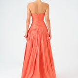 Strapless Collar Taffeta Long Evening Dress with Bow Detail - 9173C