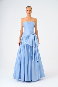 Strapless Collar Taffeta Long Evening Dress with Bow Detail