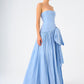 Strapless Collar Taffeta Long Evening Dress with Bow Detail