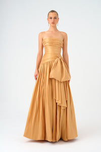 Strapless Collar Taffeta Long Evening Dress with Bow Detail