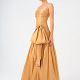 Strapless Collar Taffeta Long Evening Dress with Bow Detail - 9173C