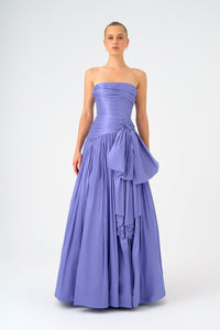 Strapless Collar Taffeta Long Evening Dress with Bow Detail