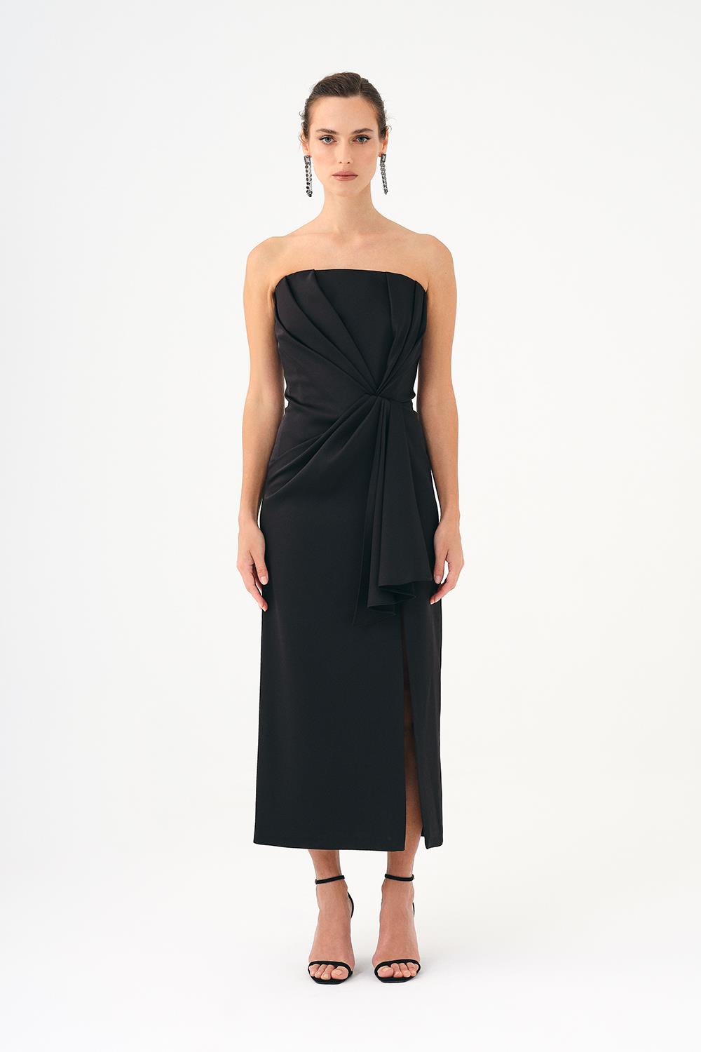 Strapless Collar Straight Cut Midi Evening Dress