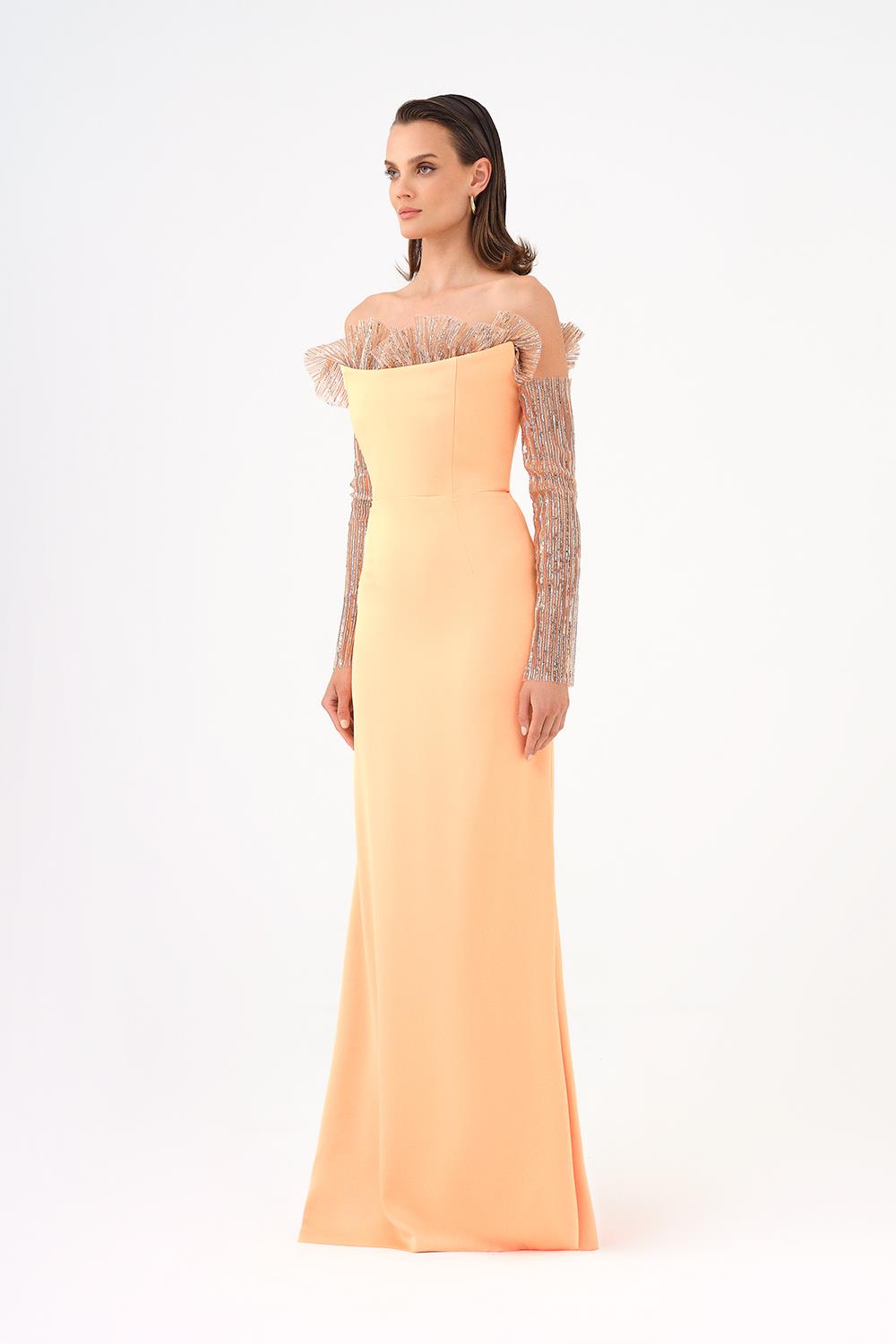 Strapless Neck Long Sleeve Fish Cut Long Evening Dress