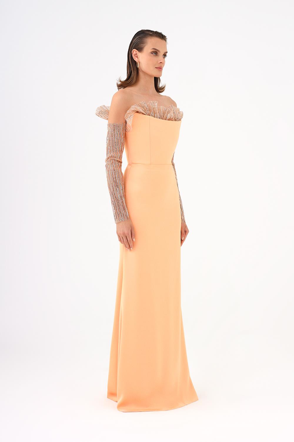 Strapless Neck Long Sleeve Fish Cut Long Evening Dress