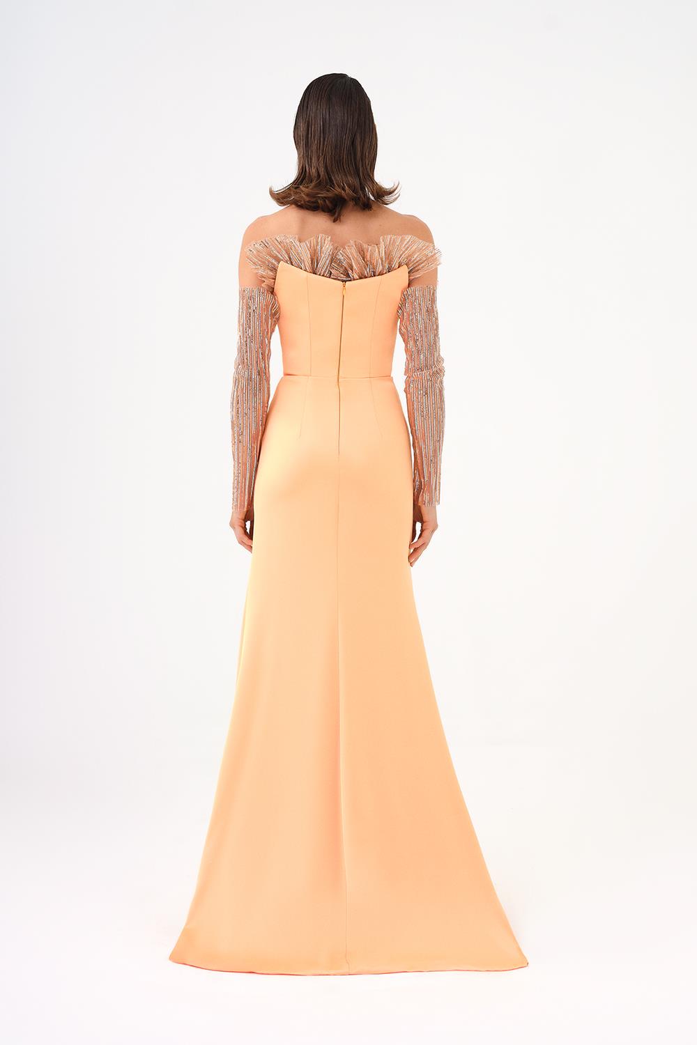 Strapless Neck Long Sleeve Fish Cut Long Evening Dress