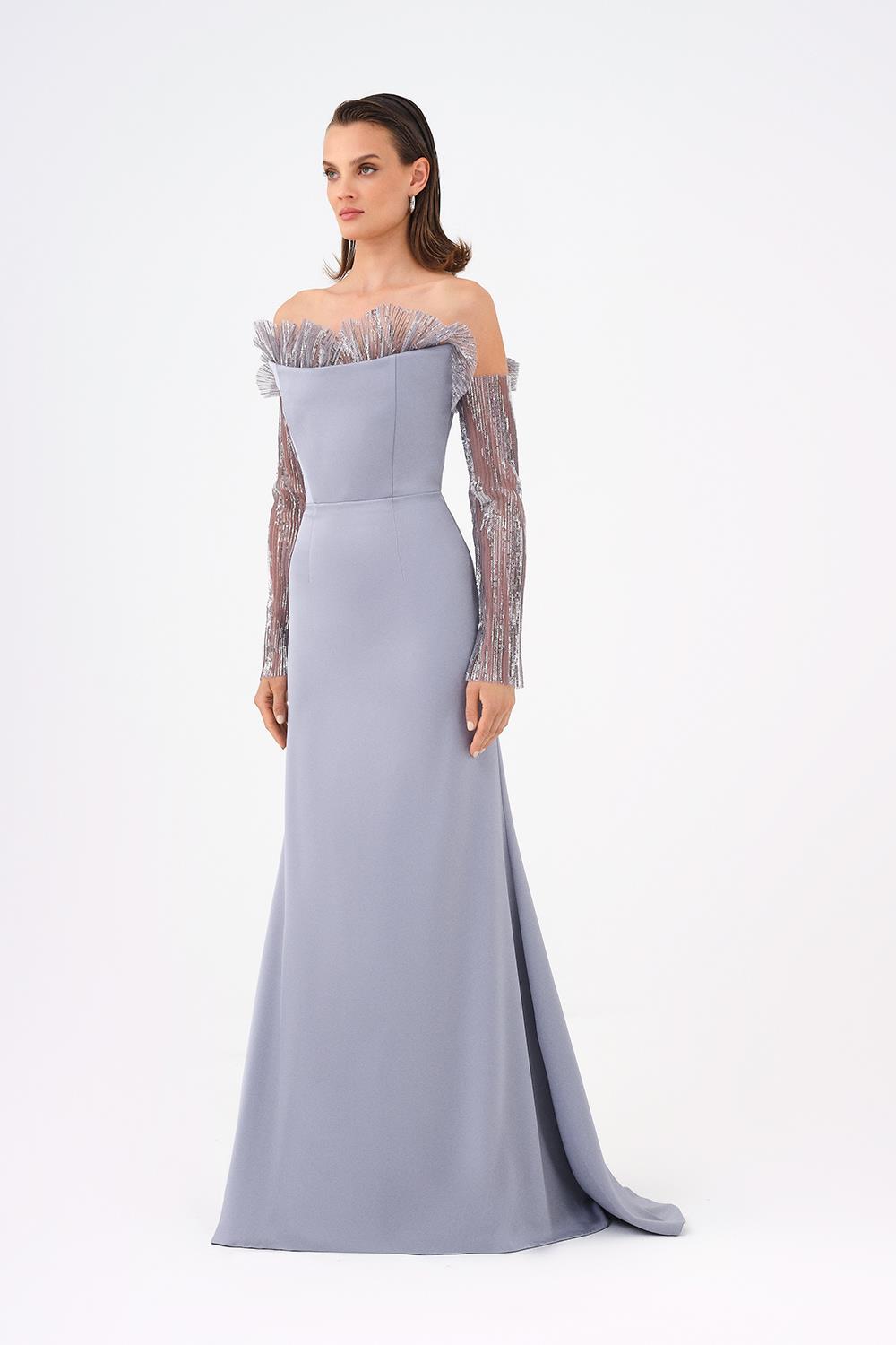 Strapless Neck Long Sleeve Fish Cut Long Evening Dress