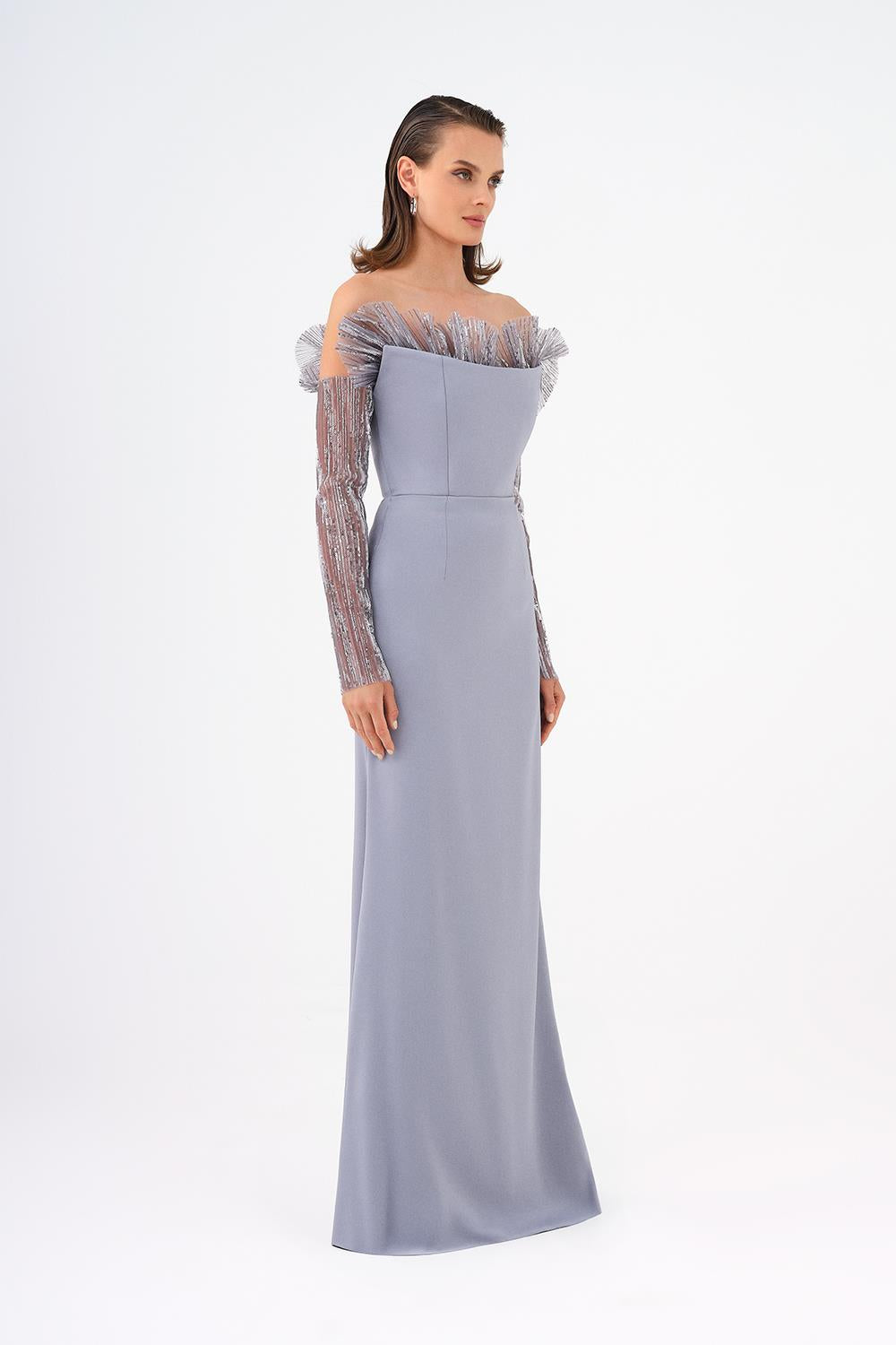 Strapless Neck Long Sleeve Fish Cut Long Evening Dress