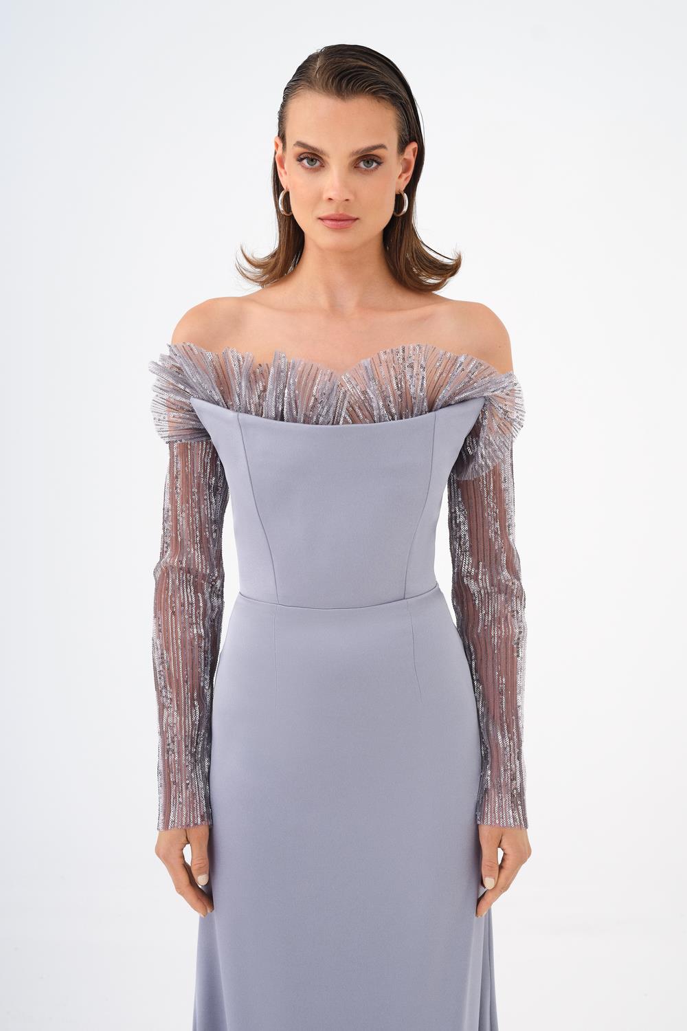 Strapless Neck Long Sleeve Fish Cut Long Evening Dress