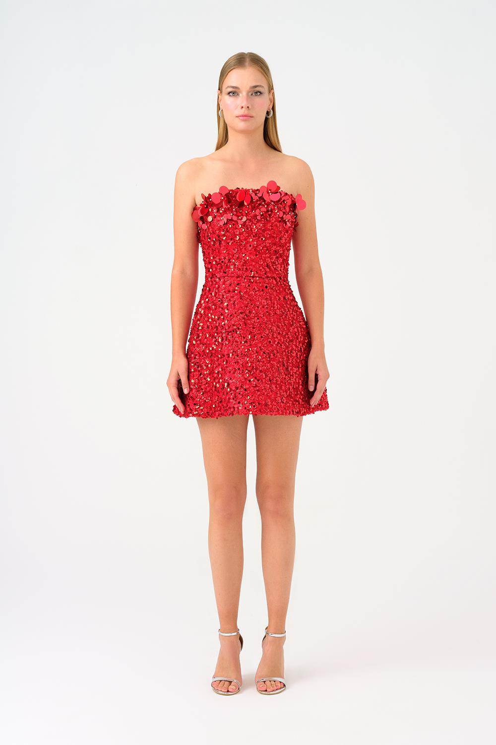 Stone and Sequin Embroidered Strapless Mini Evening Dresss