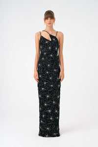 Strappy Seashell Pattern Stone Embroidered Long Evening Dress